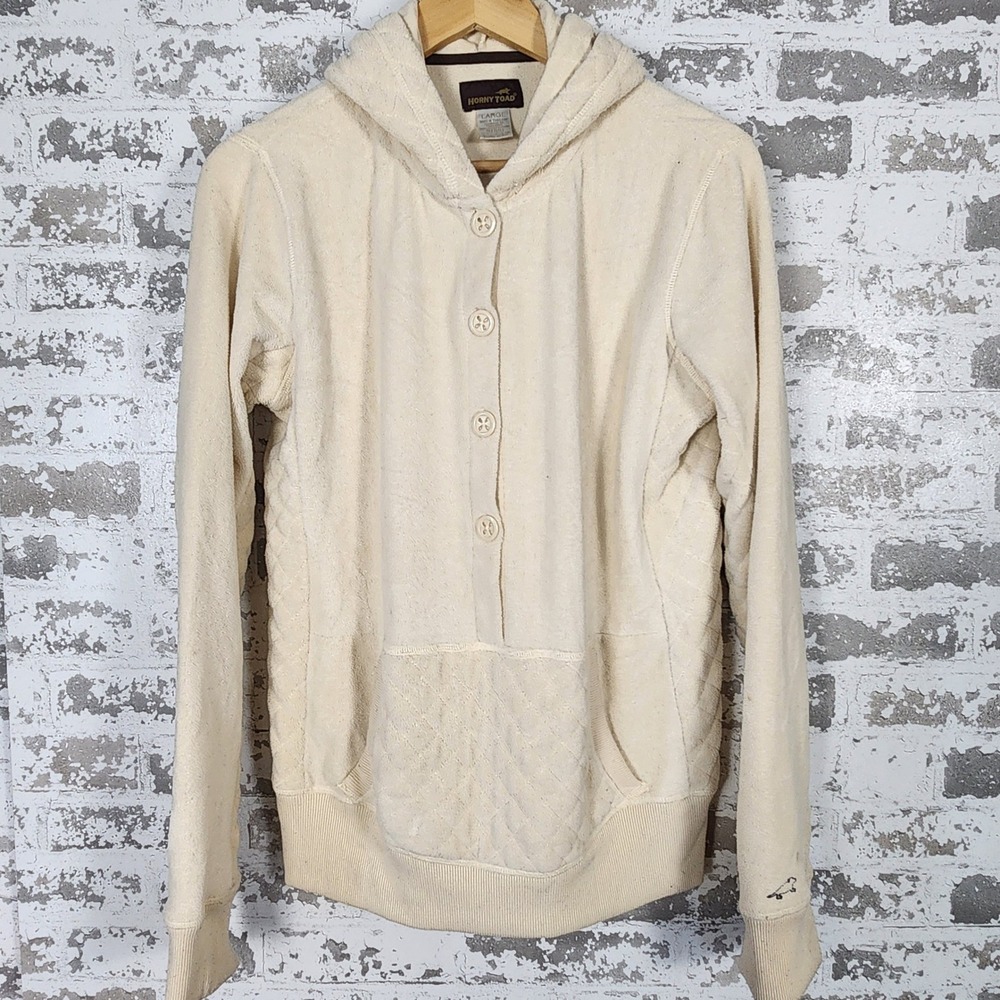 Horny Toad Women's Pullover Hoodie Large Cream Top Quilted Sweatshirt‎ Button